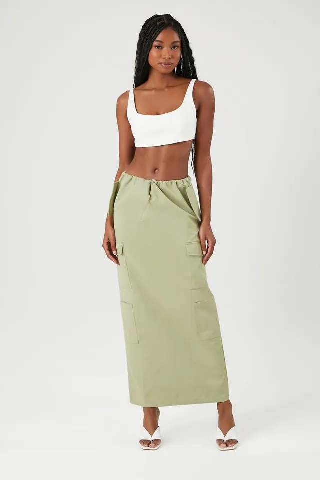 Forever 21 Women s Toggle Drawstring Cargo Midi Skirt in Sage