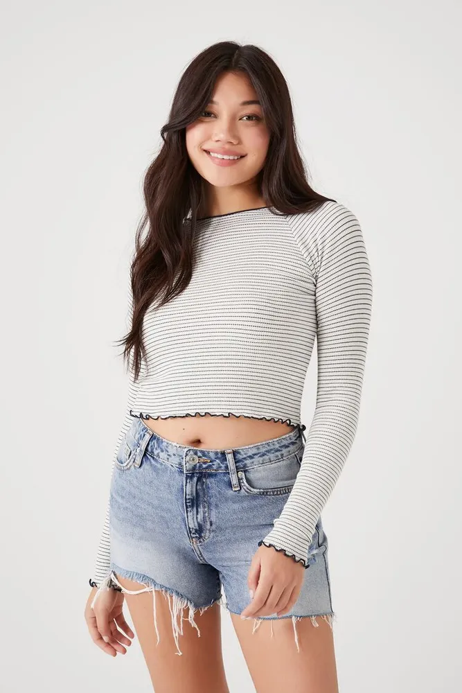 Forever 21 Women s Striped Lettuce Edge Crop Top in Vanilla Navy