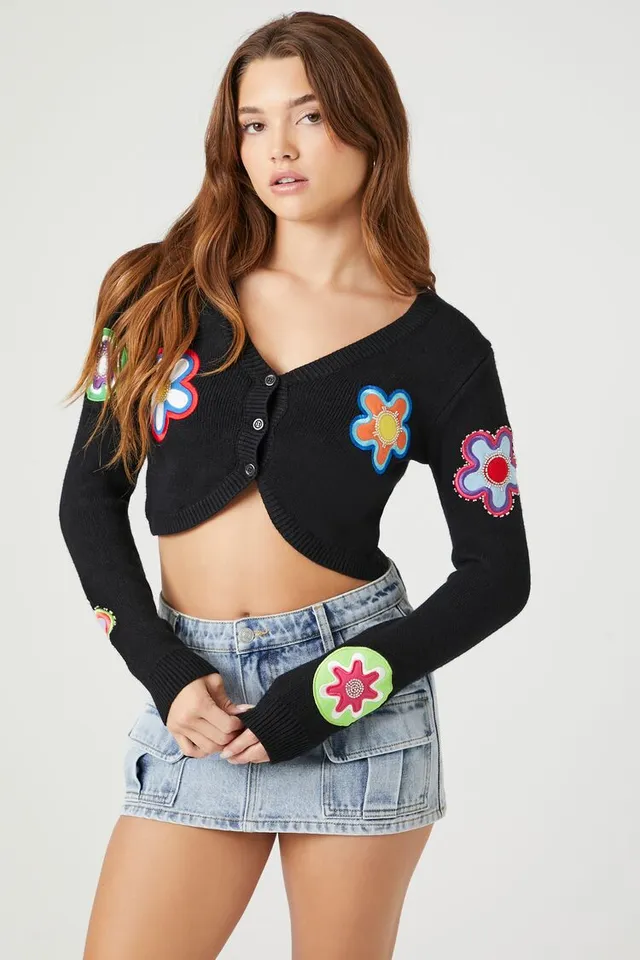 Forever 21 Women's Cropped Floral Cardigan Sweater in Black Small