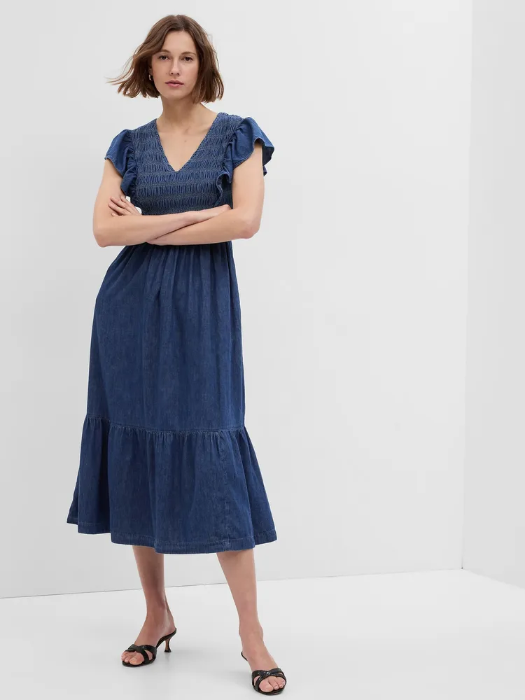 Gap Organic Cotton Denim Ruffle Sleeve Smocked Midi Dress | Mall