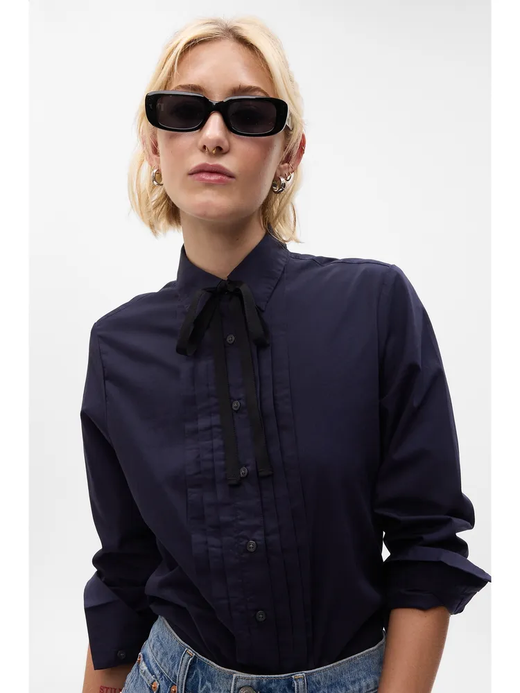 Gap 100% Organic Cotton Tie-Neck Pintuck Perfect Shirt | Mall of