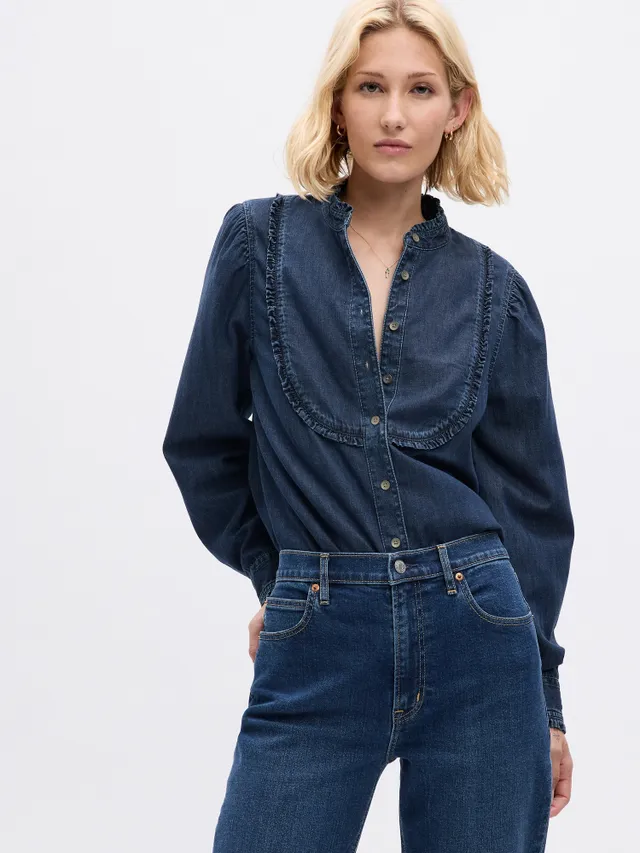 H&M Ruffle-trimmed Denim Blouse | Pike and Rose