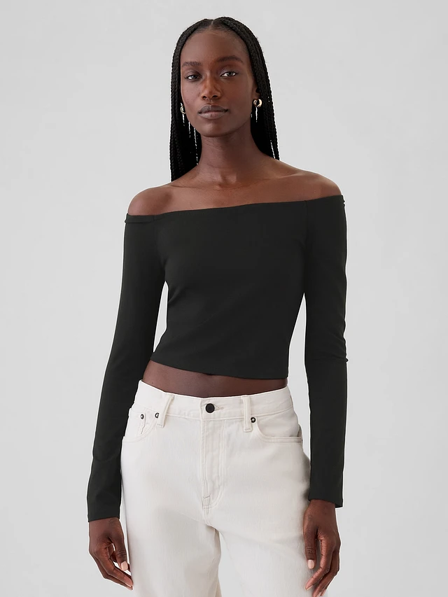 トップス meer. OFF SHOULDER SHIRRING TOP /BLK Gap Modern Cropped Off-Shoulder T-Shirt at MarketFair Shoppes in