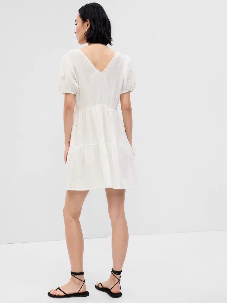 Crinkle Gauze Puff Sleeve Tiered Mini Dress