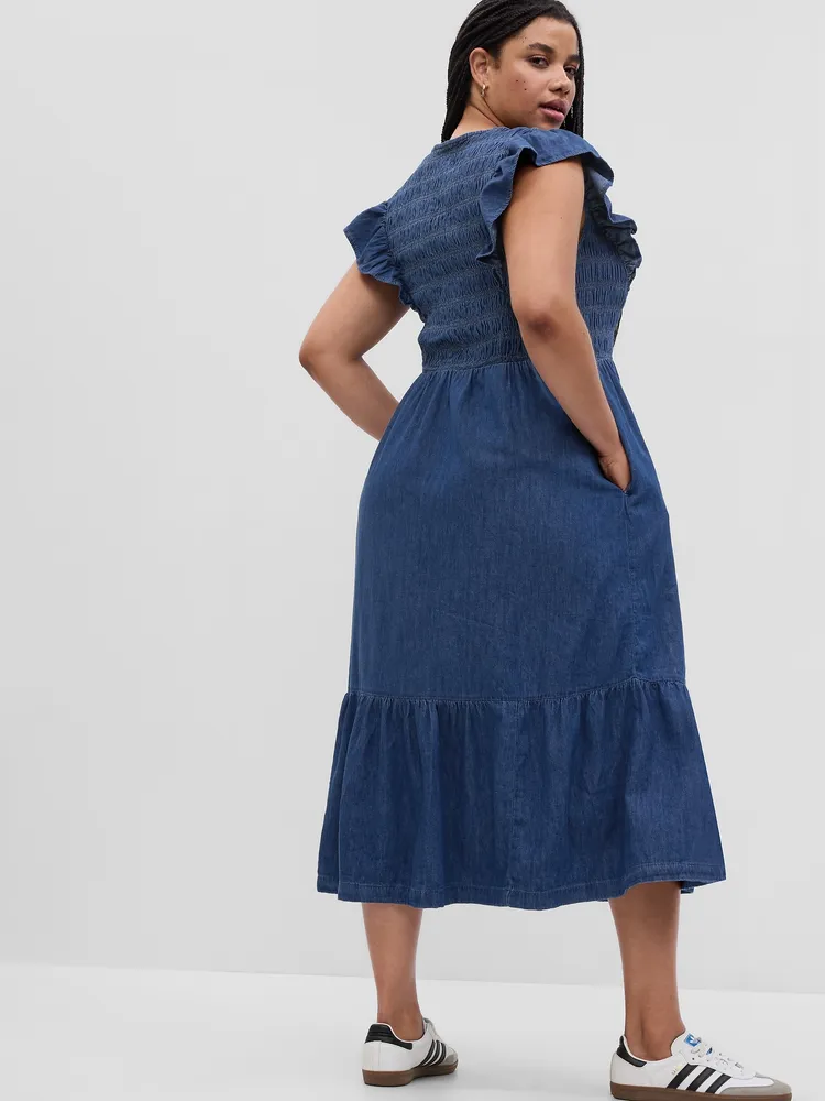 Gap 100% Organic Cotton Denim Ruffle Sleeve Smocked Midi Dress