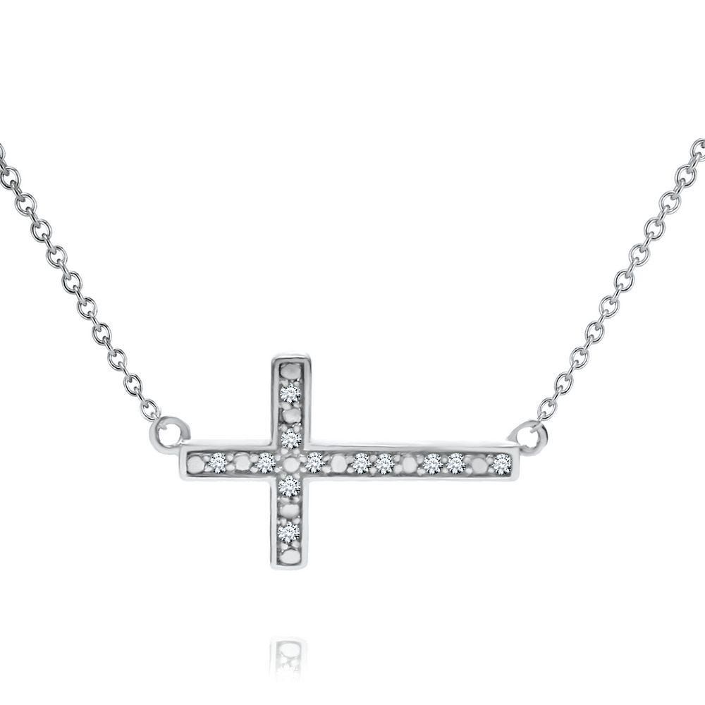 Helzberg 1/10 ct. tw. Diamond Sideways Cross Necklace in Sterling