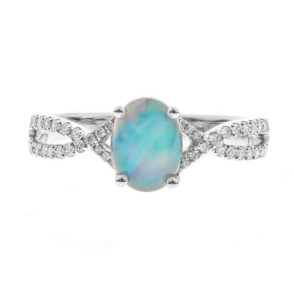 Helzberg Ethiopian Opal Ring with Diamond Twist Band 10K White