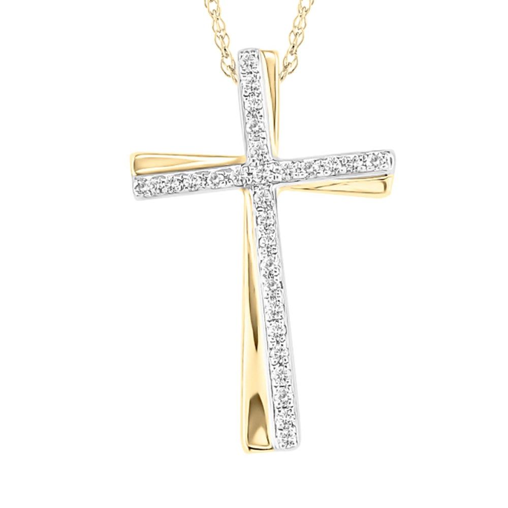 Helzberg Diamond Cross Pendant with Tilt in 10K Yellow White