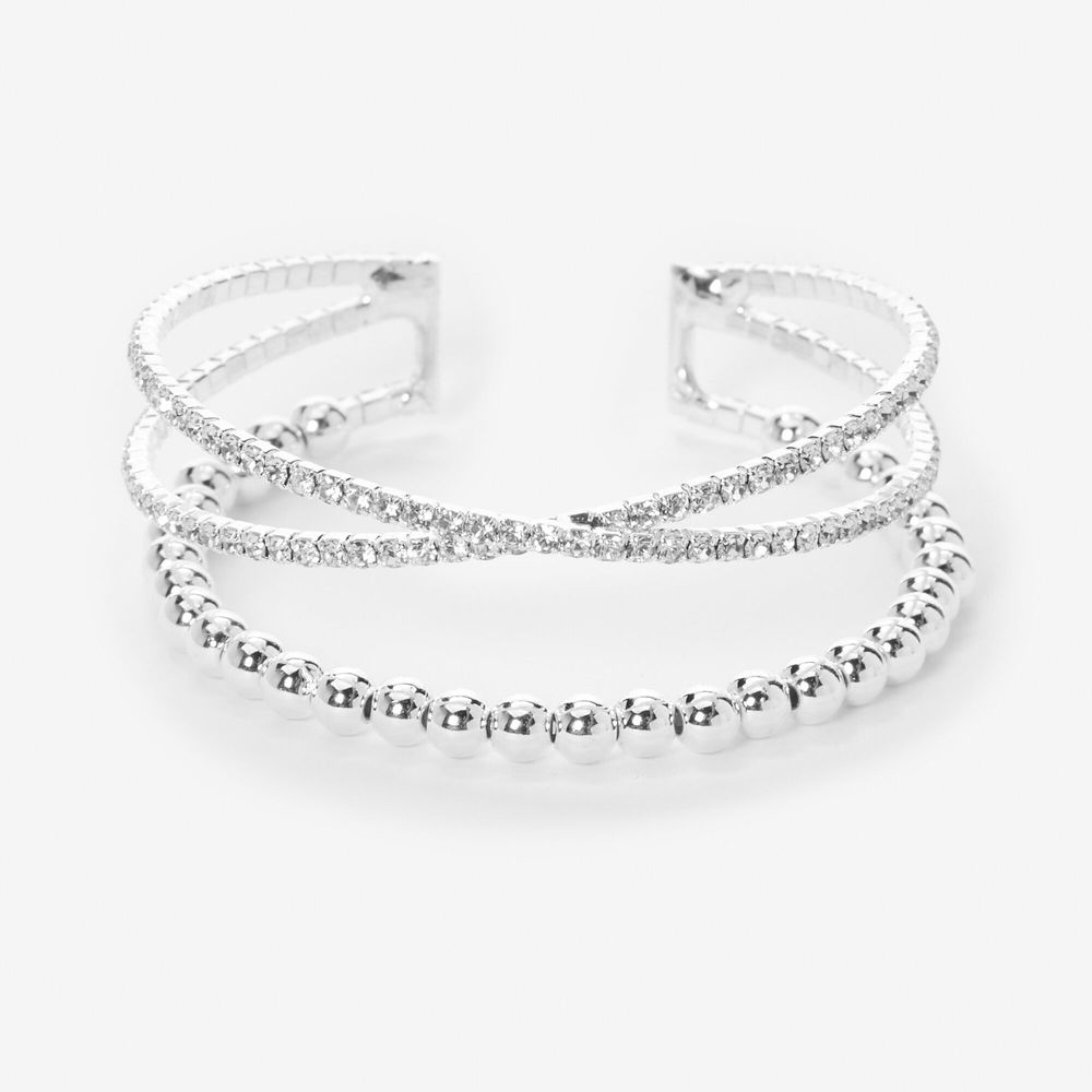 Icing Silver Rhinestone Criss Cross Bead Cuff Bracelet Pueblo Mall