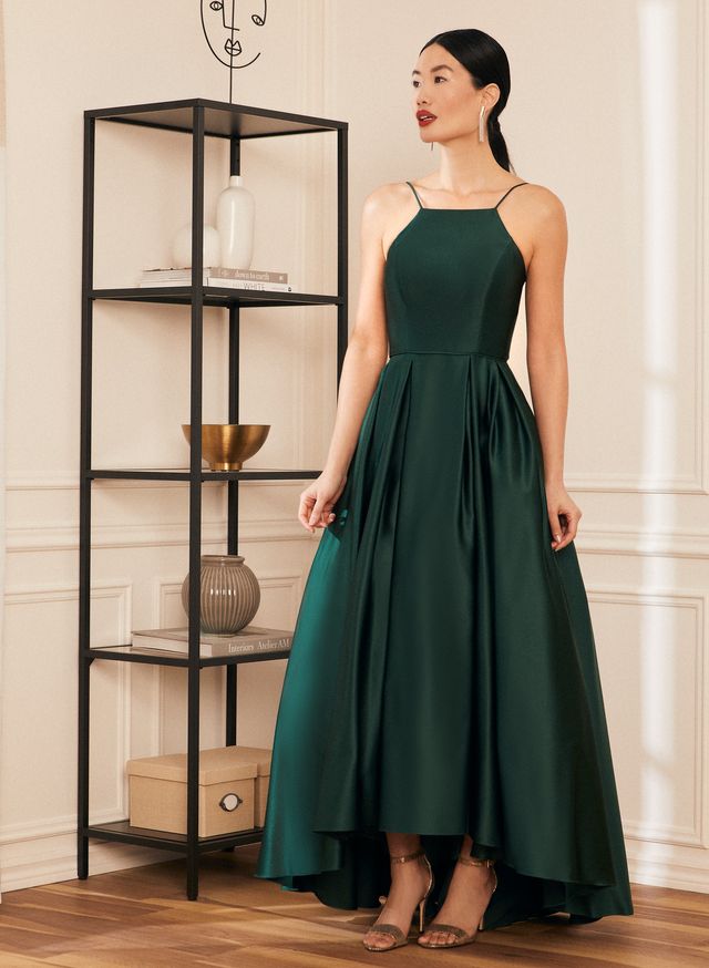 Laura Robe longue satin e bretelles pour femme Vert