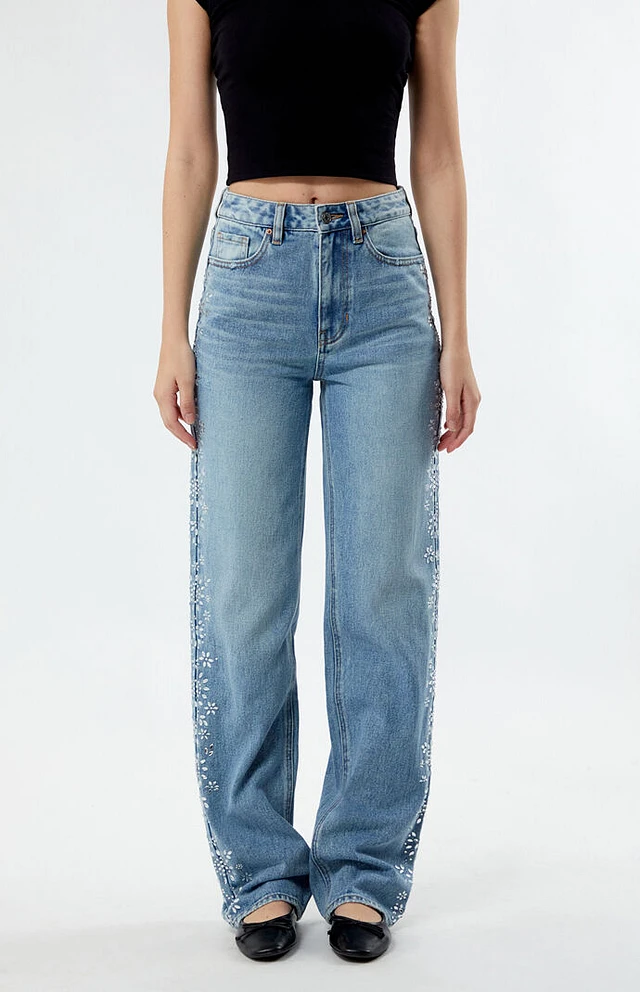 PacSun Medium Indigo Floral Rhinestone '90s Boyfriend Jeans