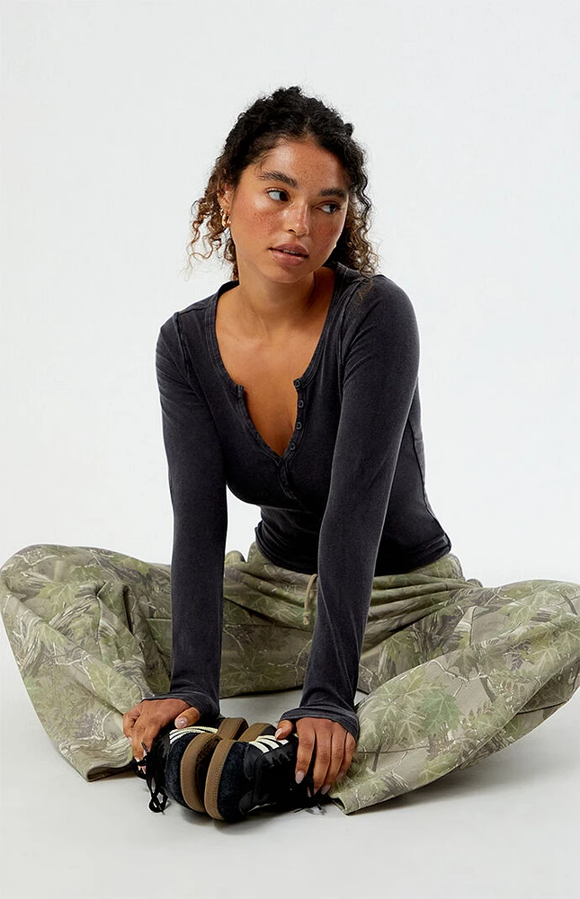 Est. PAC 1980 Ashlee Washed Notched Henley Long Sleeve Top