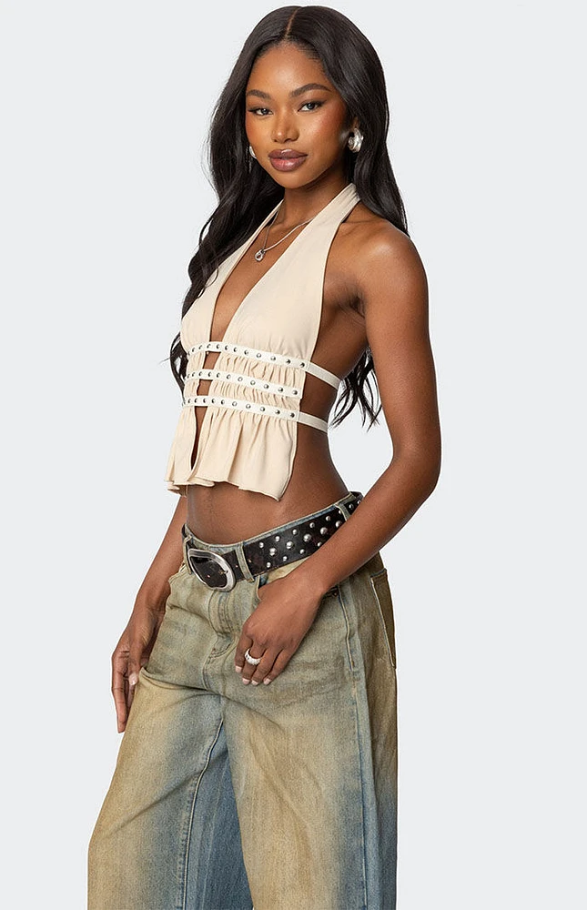Edikted Studded Split Front Backless Halter Top | Liberty Center