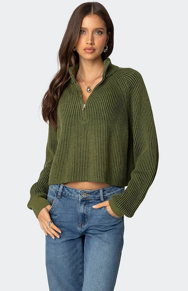 Edikted Cropped Rib Knit Half Zip Sweater | Arden Fair