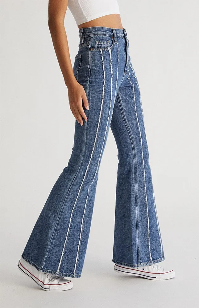 PacSun Eco Medium Blue Frayed Stripe High Waisted Flare Jeans