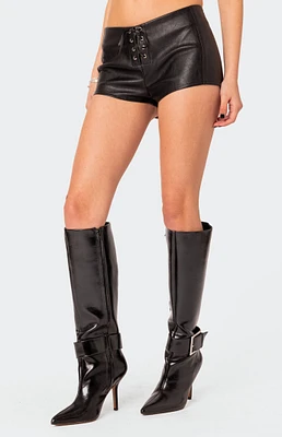 EDIKTED Wilde Lace Up Faux Leather Shorts - BLACK | Arden Fair