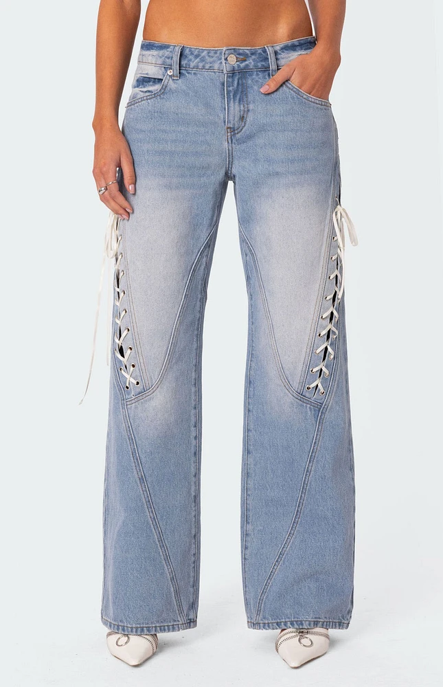 Edikted Low Rise Bow Ribbon Lace Up Jeans | Mission Valley