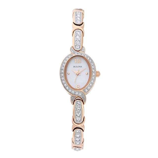 Peoples Ladies' Bulova Crystal Accent RoseTone Watch with Oval Mother