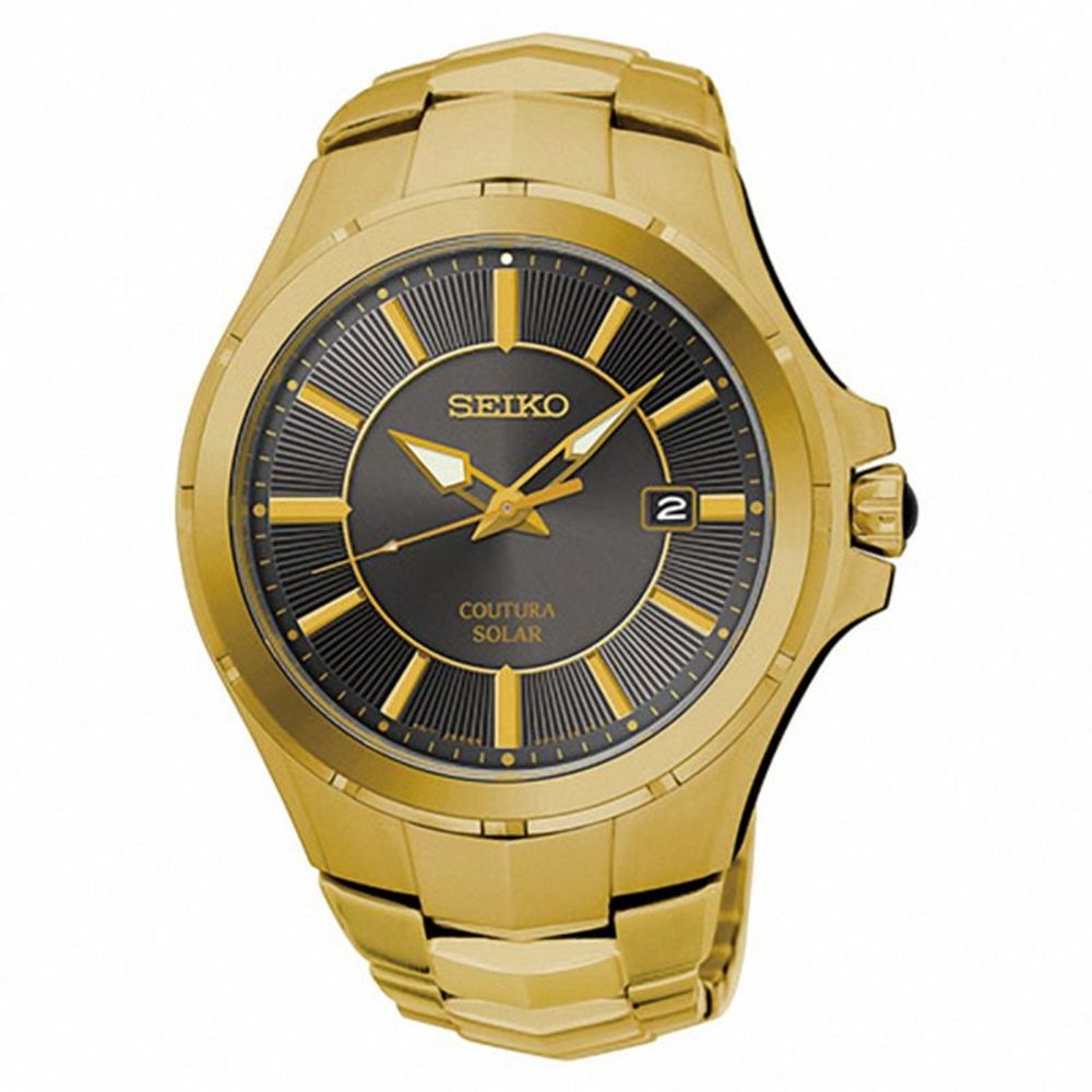 Men s Seiko Coutura Solar Gold Tone Watch with Brown Dial Model SNE414 Peoples Jewellers