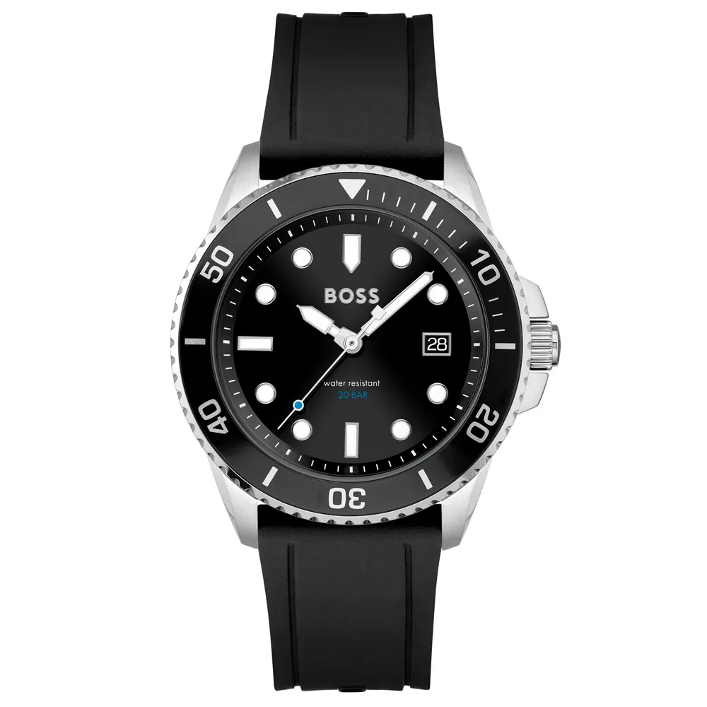 Hugo Boss Ace Black Dial Black Silicone Strap Watch 43mm