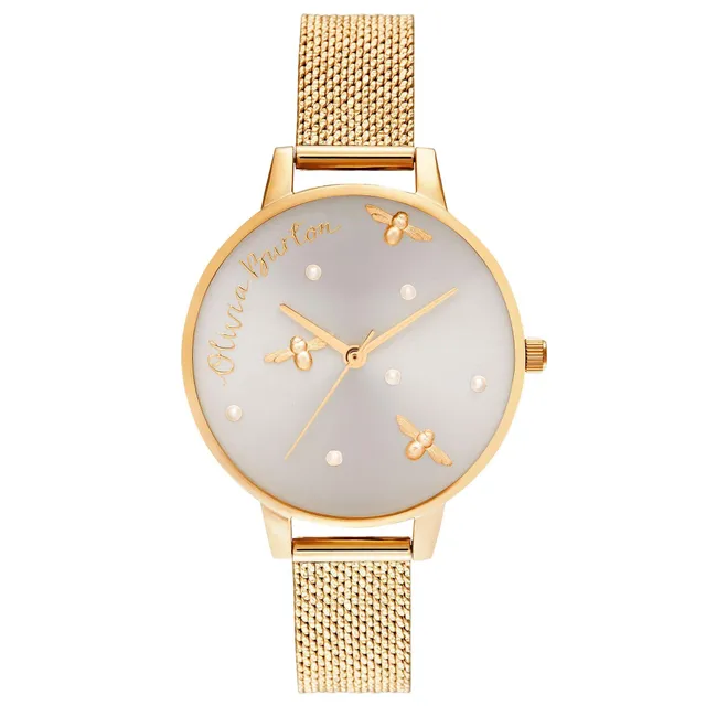 Olivia Burton Pearly Queen Gold Tone Boucle Mesh Strap Watch