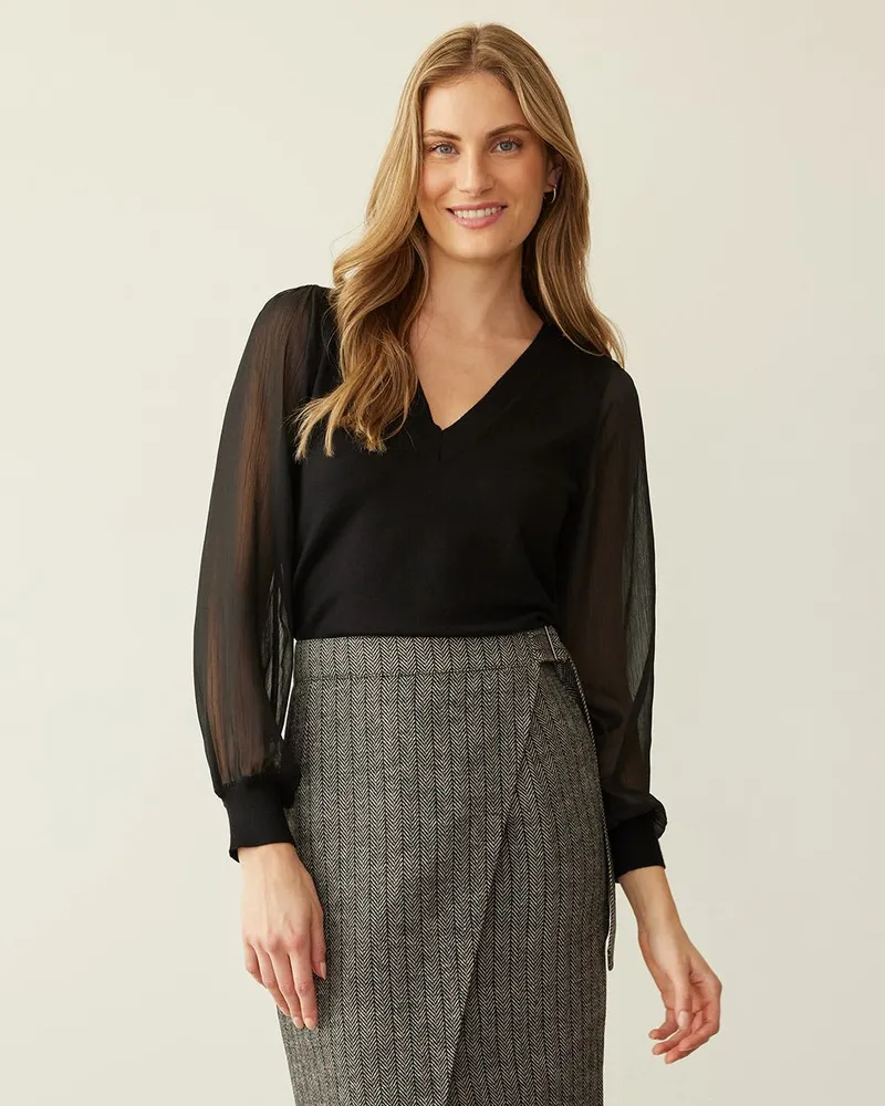 Reitmans Fitted V Neck Sweater with Sheer Long Sleeves