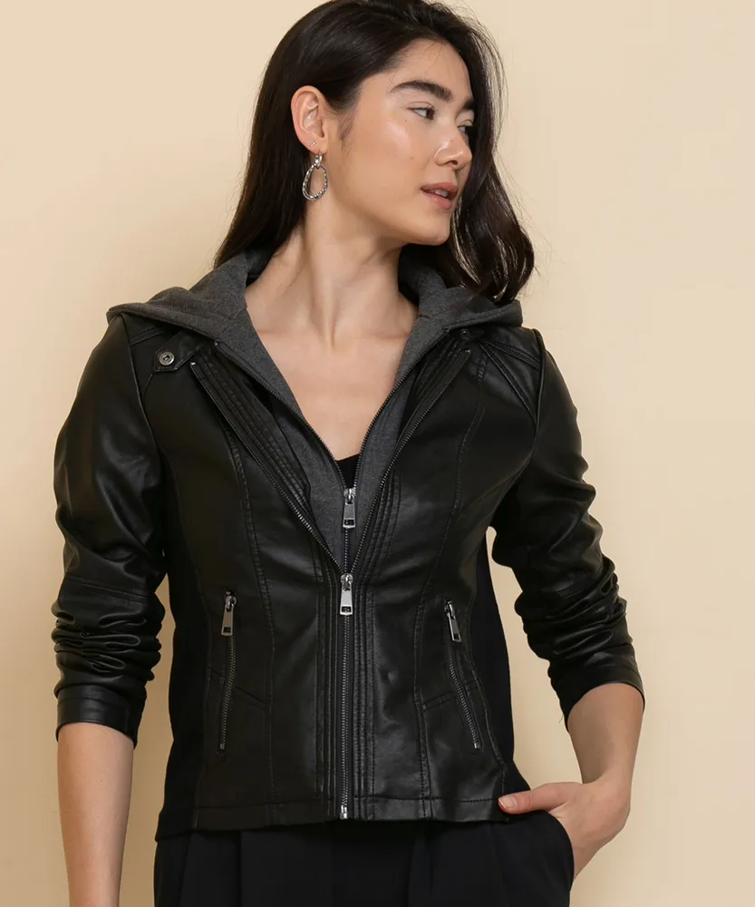 RICKI S Faux Leather Jacket with Detachable Hood Hillside