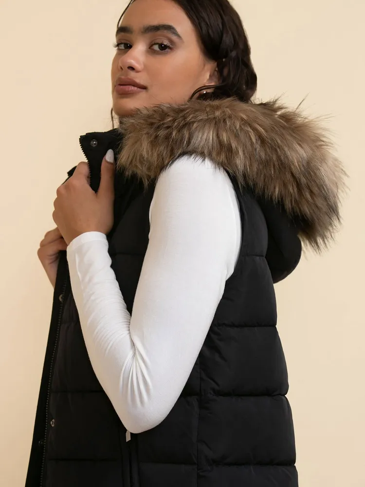 Carlyn Long Puffer Vest with Detachable Hood & Fur Trim