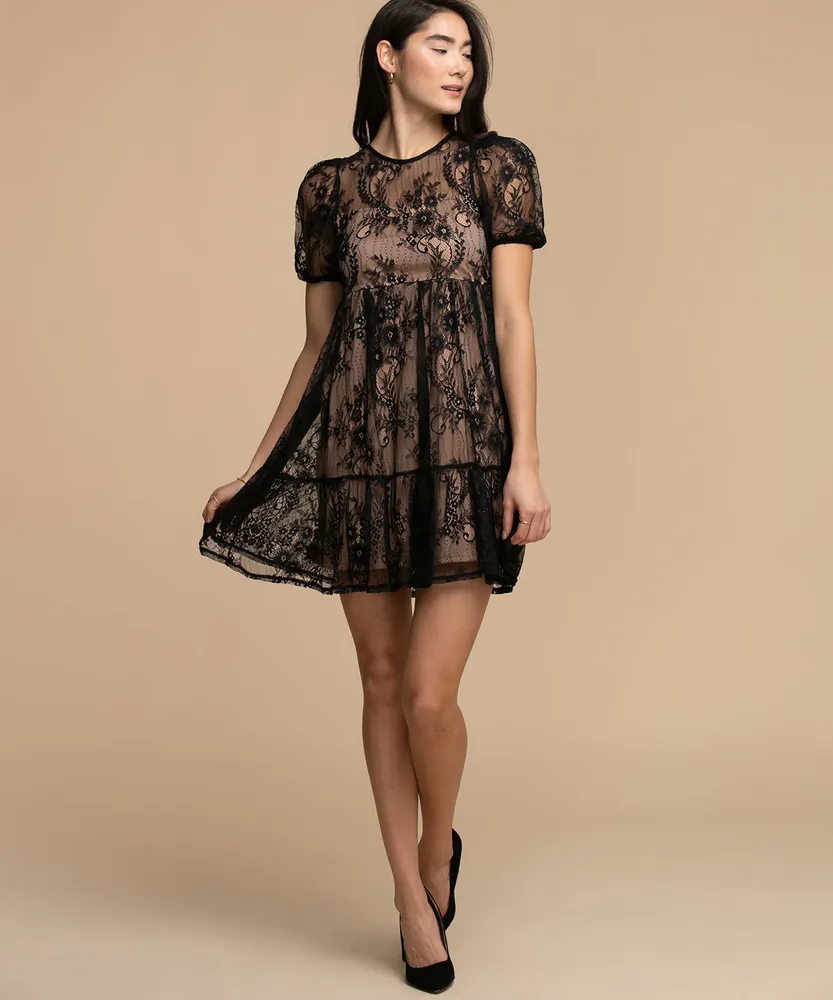 Beige dress with black lace overlay outlet