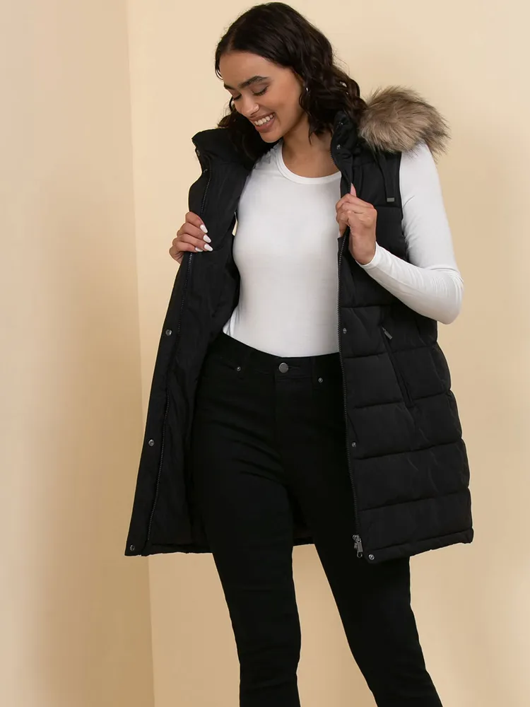 Long puffer vest with fur hood best sale