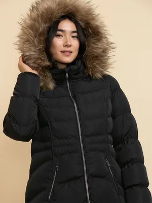 RICKI S Carlyn Long Puffer Vest with Detachable Hood Fur Trim