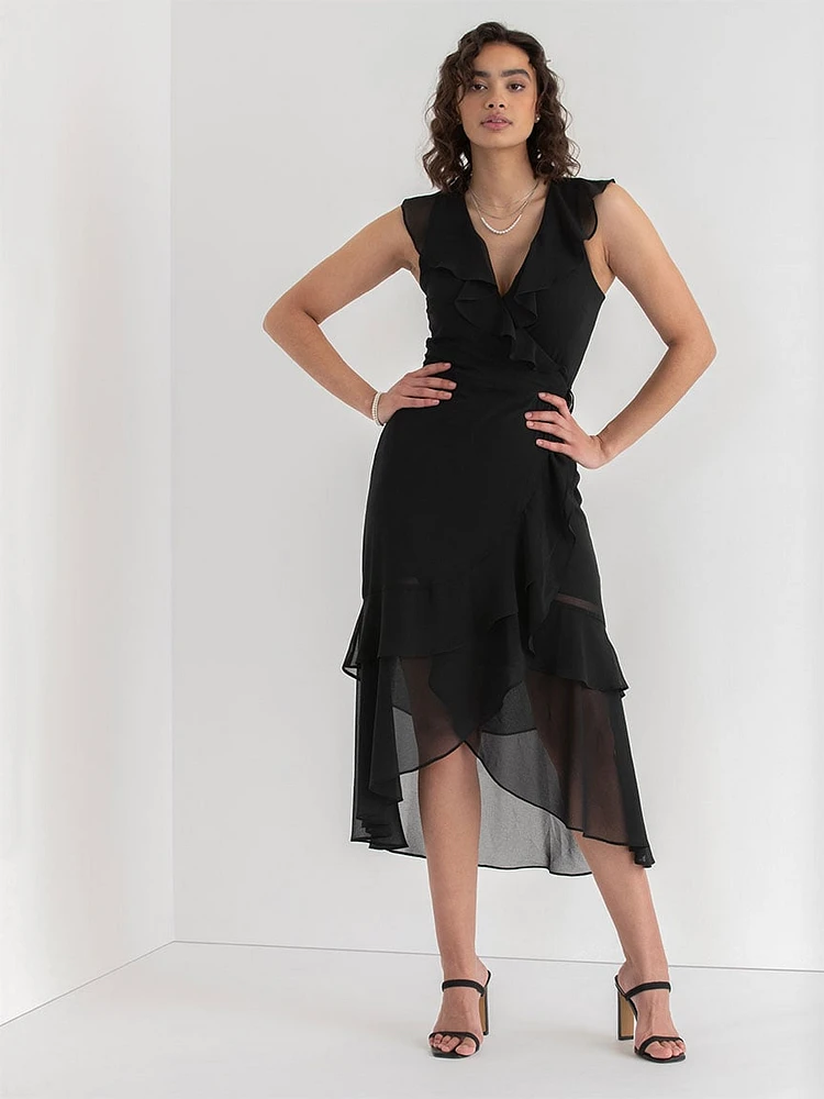 Black ruffle wrap dress outlet