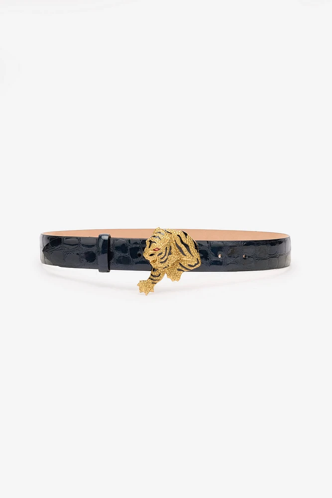 Shop RC Crocodile-Effect Belt With Bejeweled Tiger at Beverly