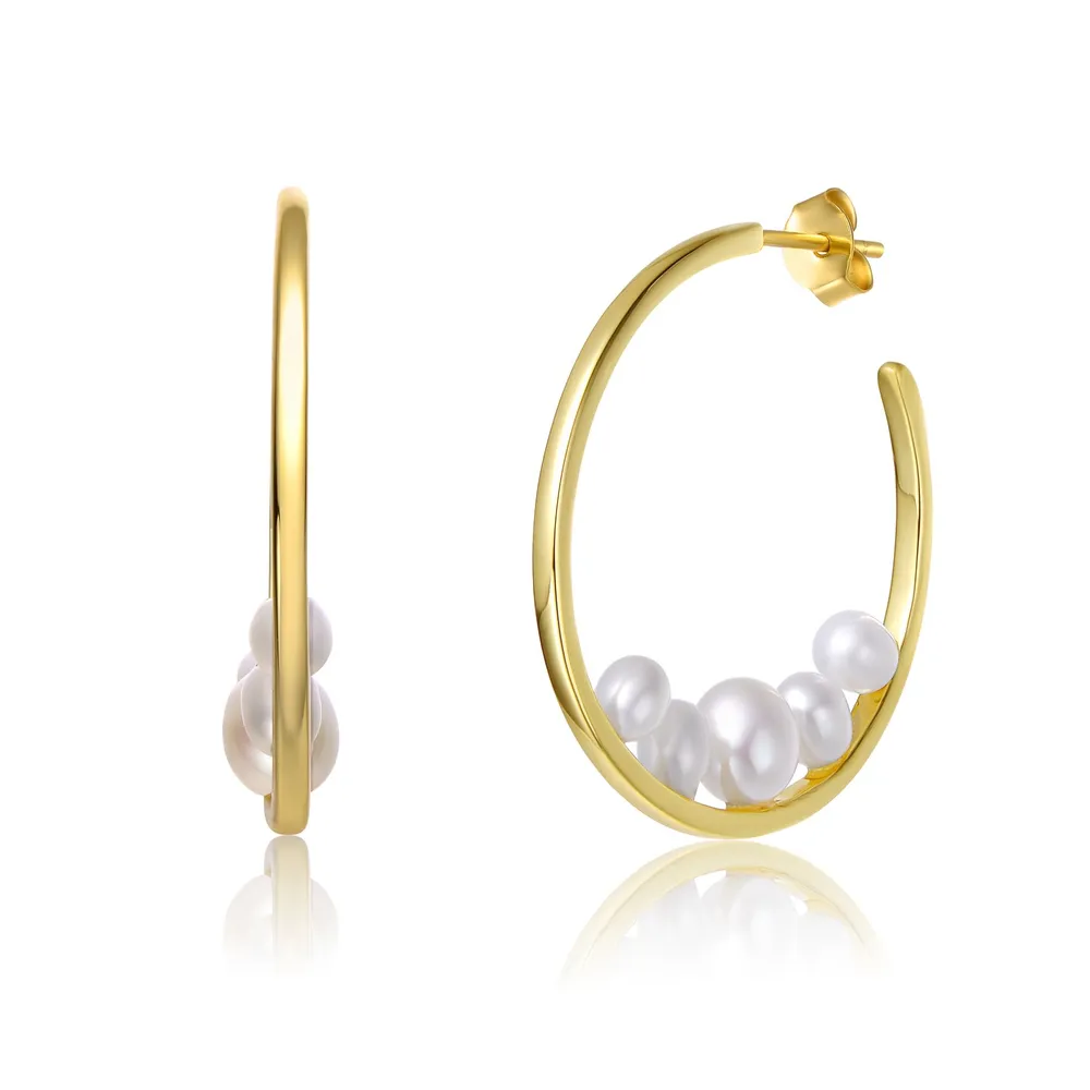 Sterling Silver 14k Yellow Gold Plated with White Pearl Cluster 3 4 C Hoop Earrings