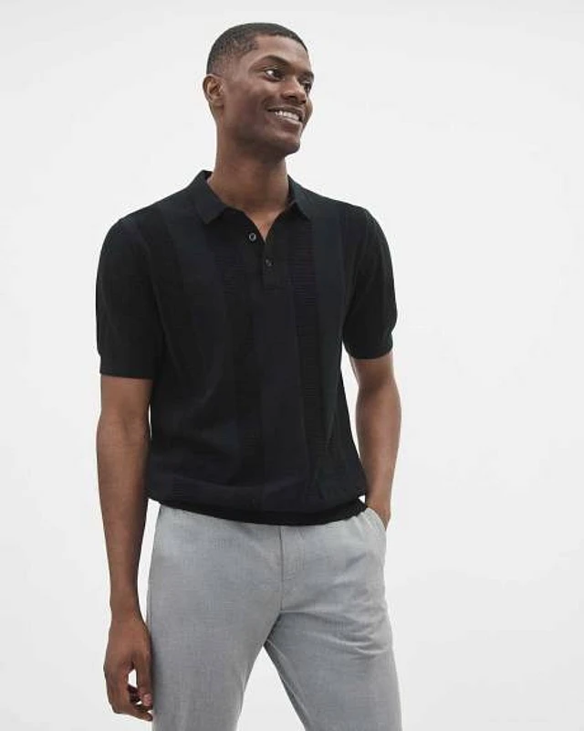 RW&Co Short-Sleeve Polo Sweater with Vertical Stitches at