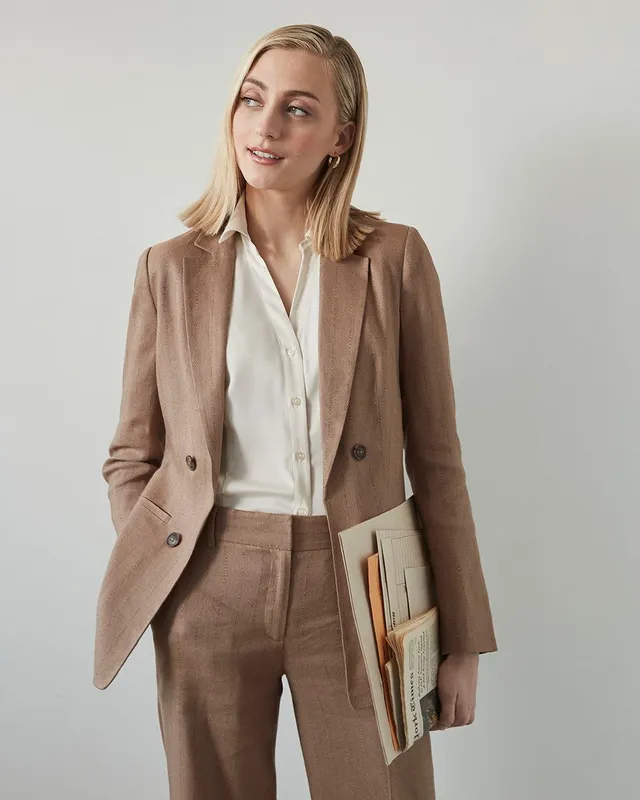 Striped Double Breasted Long Linen Blazer