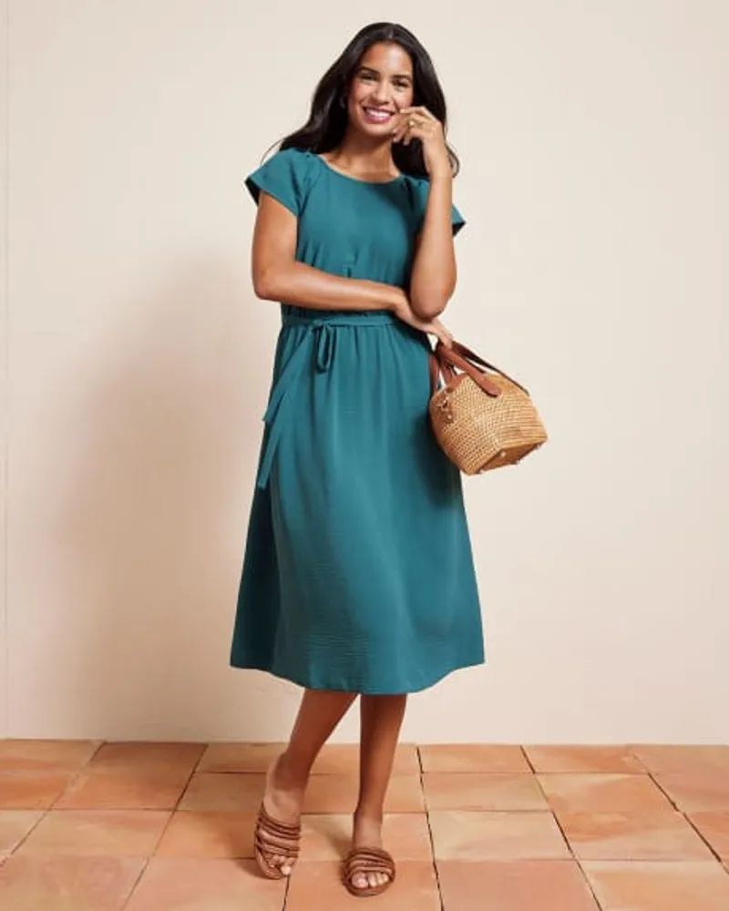 RW CO. Robe Midi Fluide Cintr e et vas e Manches Tr s Courtes Col Rond