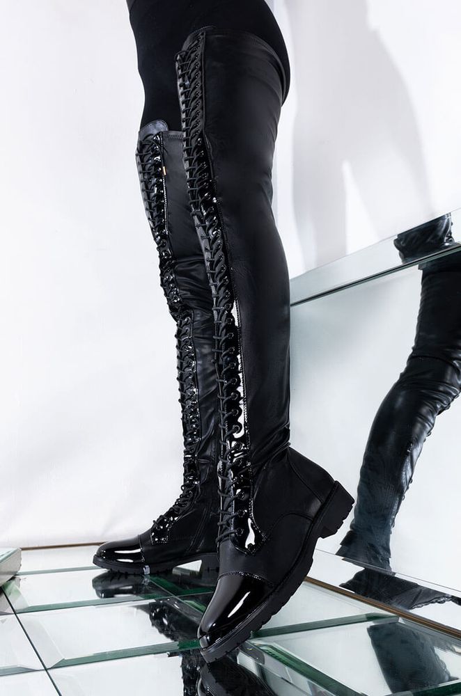 Black leather thigh high flat boots online