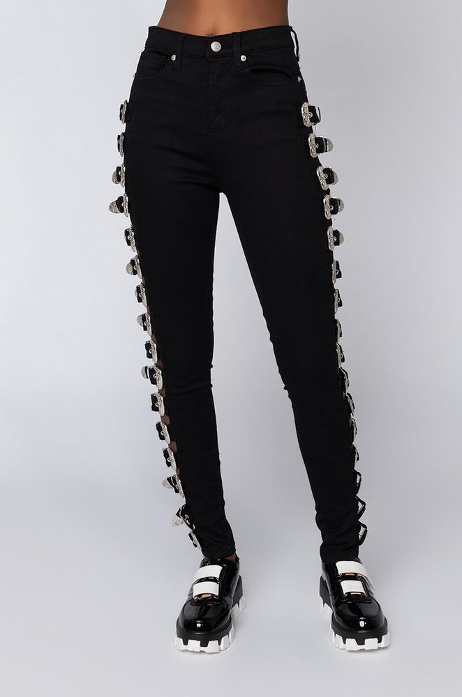 Buckle denim pants cheap