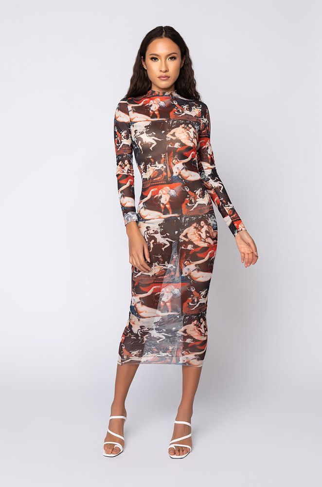 Akra AKIRA Call The Getty Renaissance Print Mesh Midi Dress
