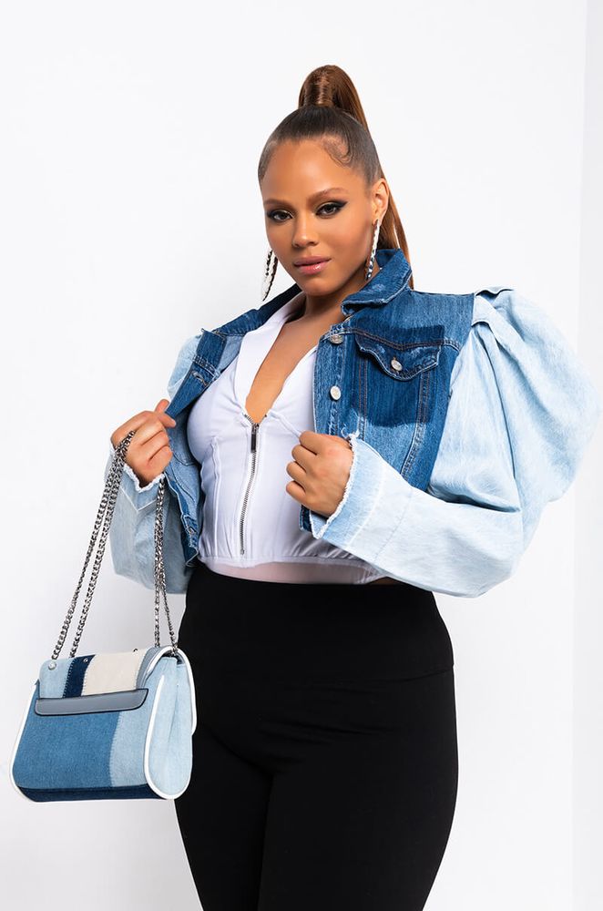 Puff sleeve denim top jacket plus size