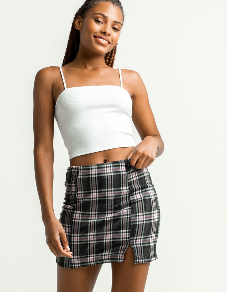 FULL TILT Ponte Side Slit Plaid Gray Pink Skirt CoolSprings