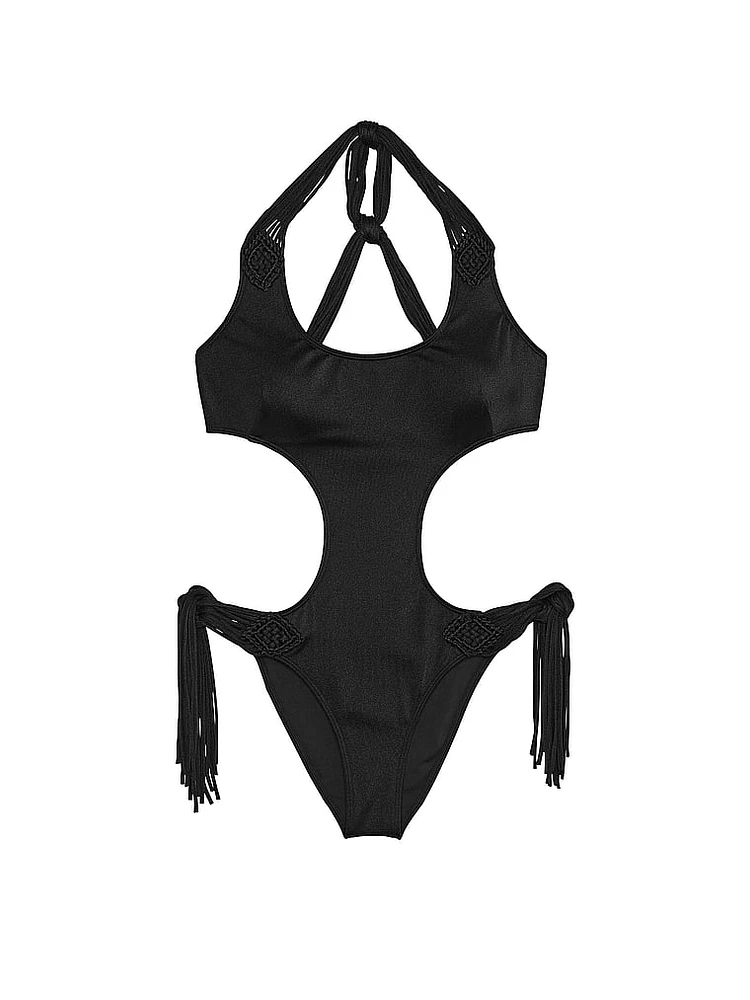 Black fringe one piece swimsuit sale