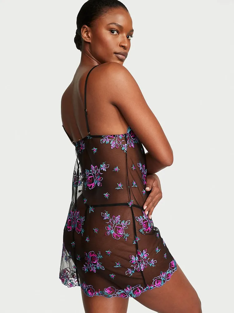 Floral embroidered sheer mesh dress shop