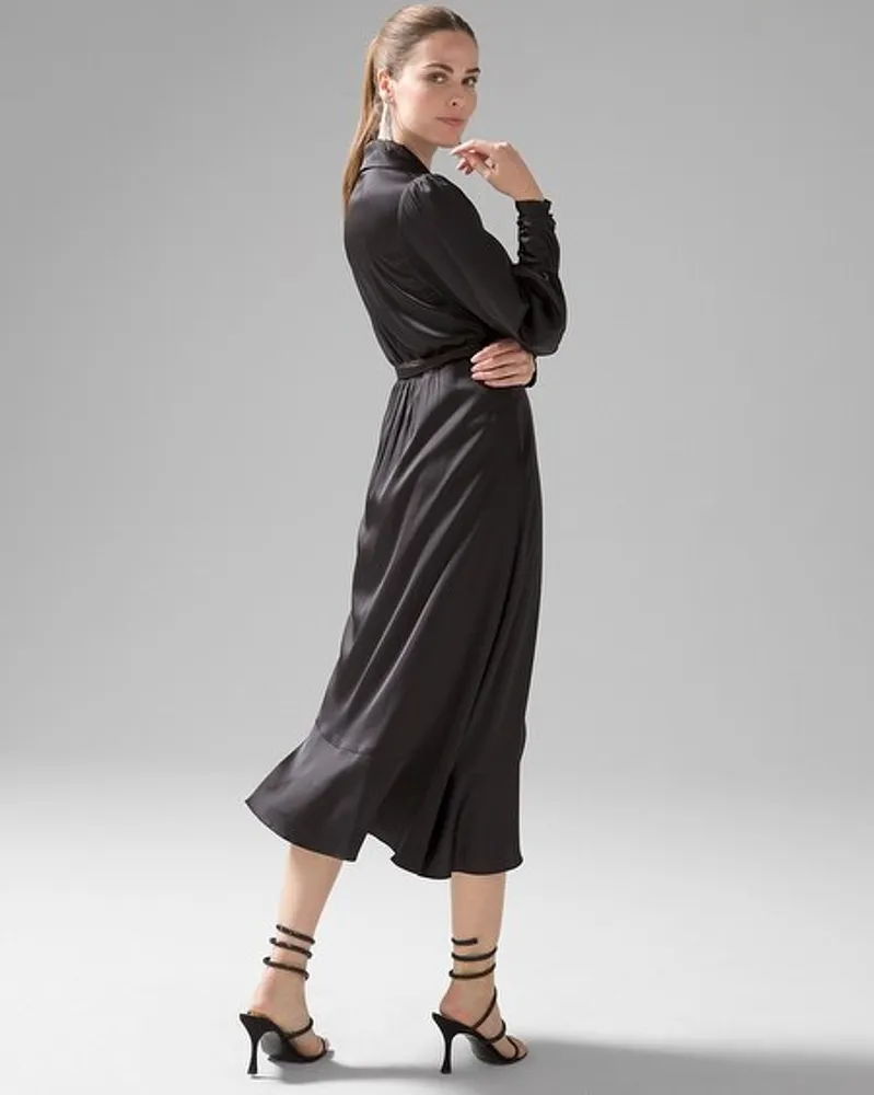 White House Black Market Long Sleeve Satin Ruffle Wrap Dress Mall Of