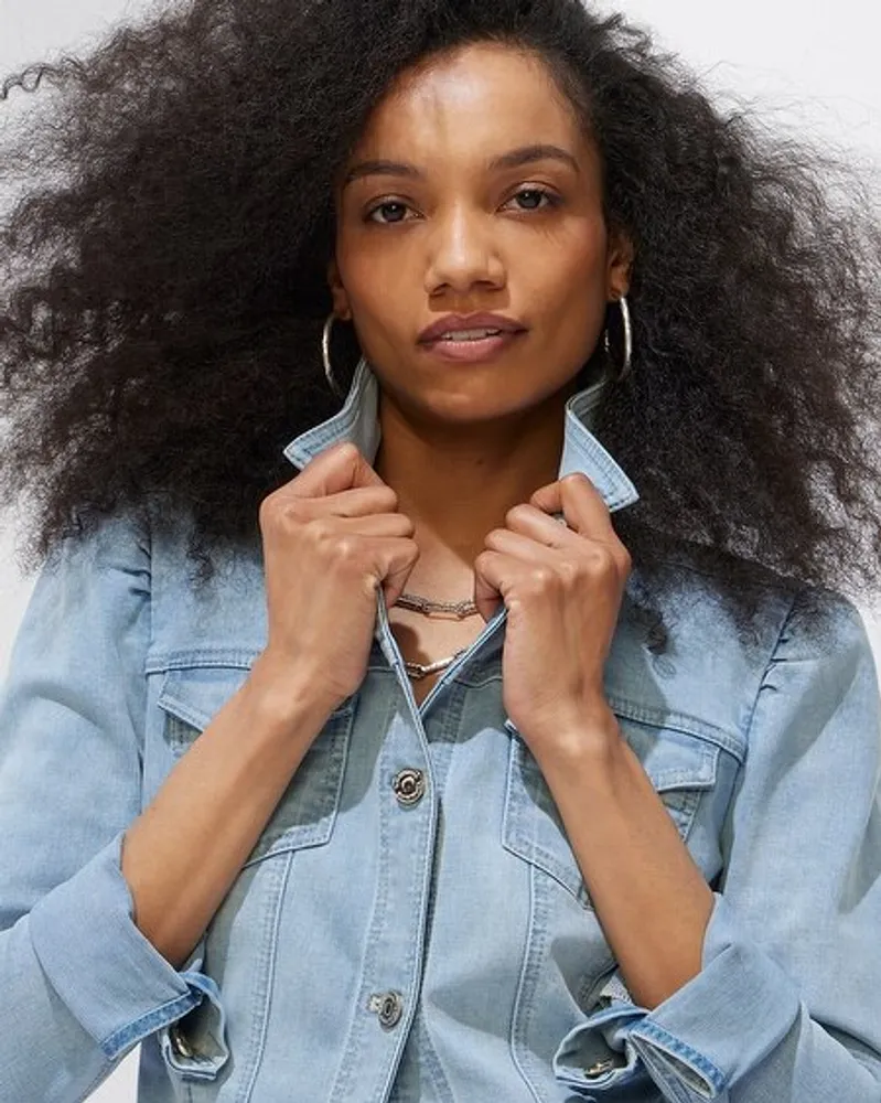 Jean jacket outlet with puff shoulders