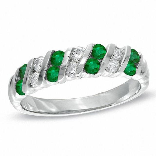 Zales Emerald and 1 4 CT. T.w. Diamond Slant Band in 14K White