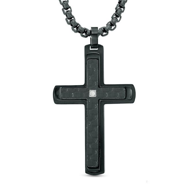 Zales Men's Diamond Accent Carbon fiber Cross Pendant in Stainless